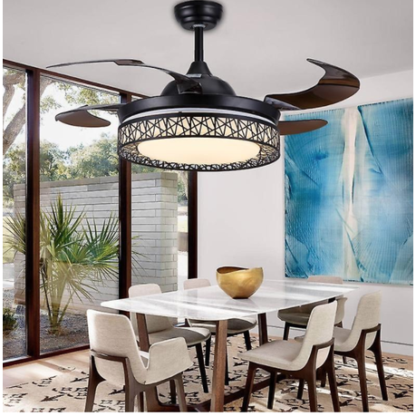 Ceiling fan with light fixture in a dining room setting