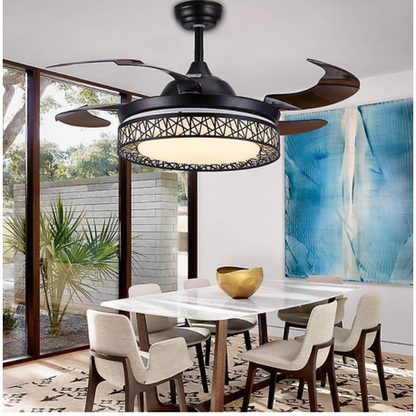 Ceiling fan with light fixture in a dining room setting