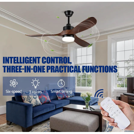 Ceiling fan in a living room with a remote control, highlighting intelligent control features.