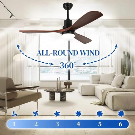 Ceiling fan in a living room with labeled airflow direction and speed levels.