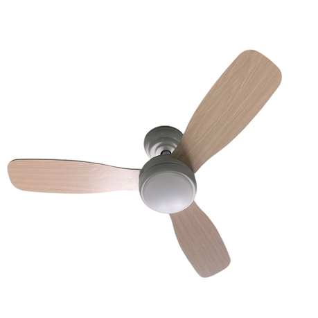 Ceiling fan with wooden blades on a white background