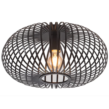 Flush mount metal cage ceiling light in matte black, ideal for modern interiors; E27 compatible, space-saving, stylish and easy to install indoors.
