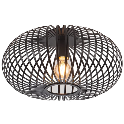 Flush mount metal cage ceiling light in matte black, ideal for modern interiors; E27 compatible, space-saving, stylish and easy to install indoors.