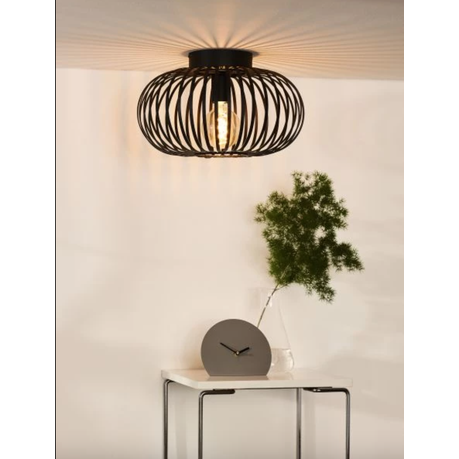 Flush mount metal cage ceiling light in matte black, ideal for modern interiors; E27 compatible, space-saving, stylish and easy to install indoors.
