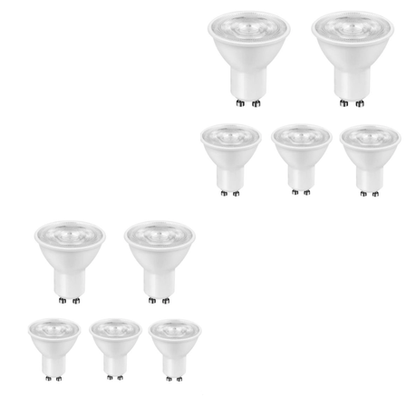 10-pack GU10 LED downlights, 5W cool white (6500K), energy-saving, long-life bulbs ideal for home, office or commercial indoor lighting.