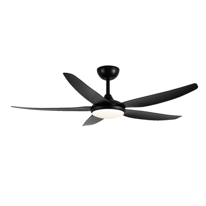 Stylish black LED ceiling fan with remote control, quiet five-blade design, and energy-efficient cooling and lighting for indoor rooms.