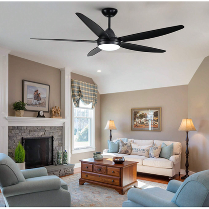 Living room with a ceiling fan, fireplace, and furniture.