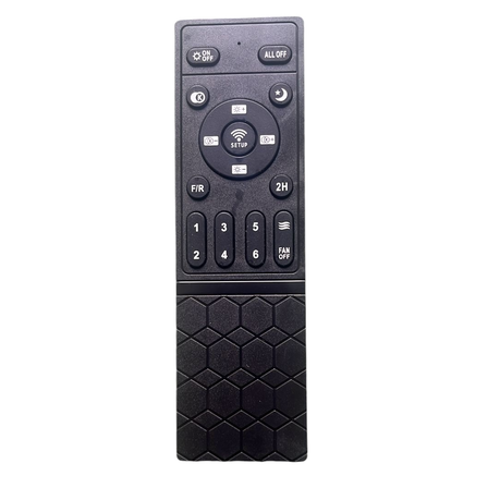 Black remote control with honeycomb pattern on a white background