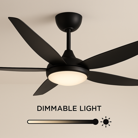 Black ceiling fan with dimmable light feature on a beige background