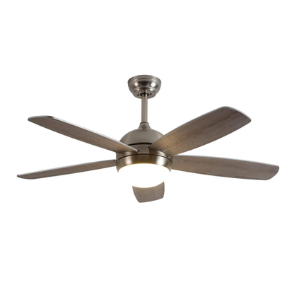 Modern five-blade LED ceiling fan with reversible motor, energy-efficient lighting, and interchangeable blades—ideal for stylish indoor air circulation.