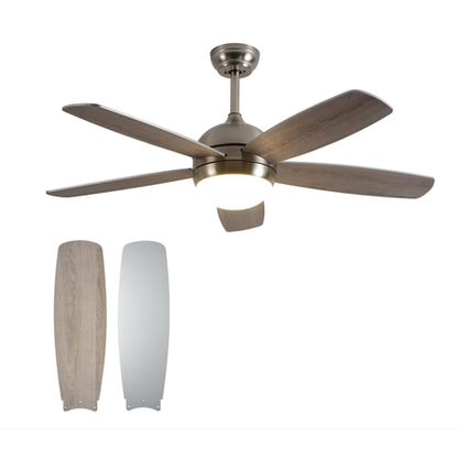 Ceiling fan with light fixture and two light covers on a white background