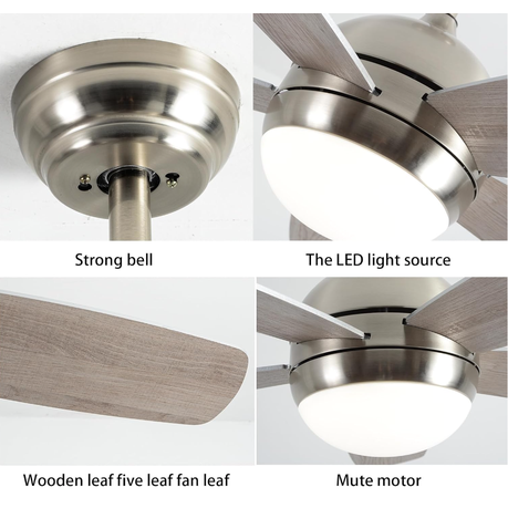 Ceiling fan components including strong bell, LED light source, wooden leaf fan blade, and mute motor.
