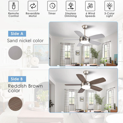 Ceiling fan with color options and features displayed on a white background