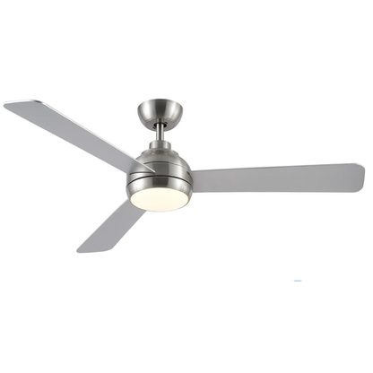 Silver 132cm LED ceiling fan with remote, 3 speeds, quiet motor, and selectable light colours. Energy-saving design ideal for modern indoor spaces.