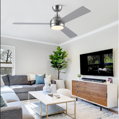 Modern living room with a ceiling fan, TV, and furniture.