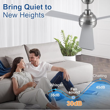 Couple sitting on a couch with a ceiling fan above, indicating quiet operation.