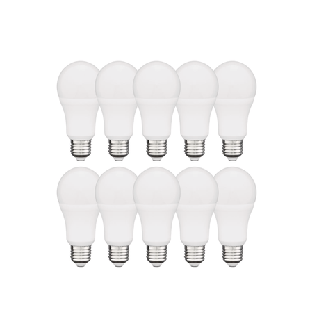 12W E27 LED light bulb 10-pack with cool white 6500K output, 1000 lumens brightness and 85% energy savings—ideal for home and office lighting.
