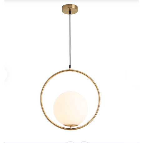 Gold modern pendant light with frosted glass shade, E27 fitting, warm ambient glow, ideal for kitchens, dining areas, and contemporary interiors.