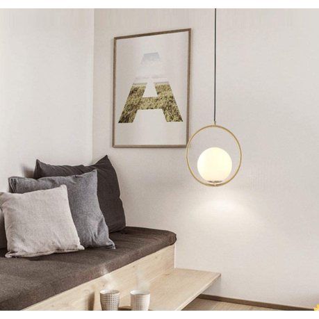Gold modern pendant light with frosted glass shade, E27 fitting, warm ambient glow, ideal for kitchens, dining areas, and contemporary interiors.