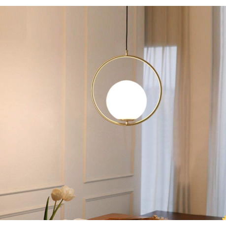 Gold modern pendant light with frosted glass shade, E27 fitting, warm ambient glow, ideal for kitchens, dining areas, and contemporary interiors.