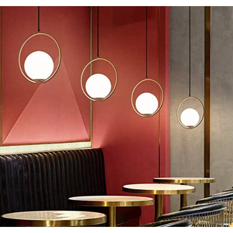 Gold modern pendant light with frosted glass shade, E27 fitting, warm ambient glow, ideal for kitchens, dining areas, and contemporary interiors.