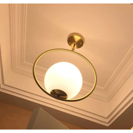 Gold modern pendant light with frosted glass shade, E27 fitting, warm ambient glow, ideal for kitchens, dining areas, and contemporary interiors.