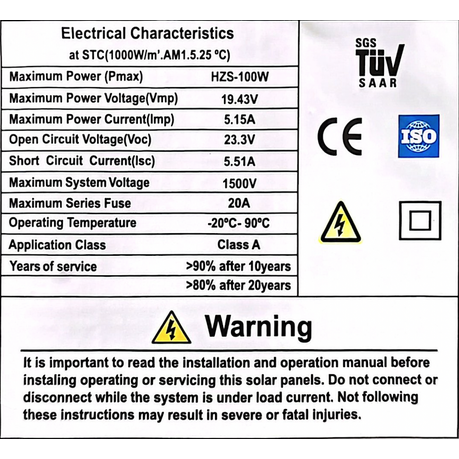 Electrical characteristics label for solar panels with SGS TÜlé and ISO logos.