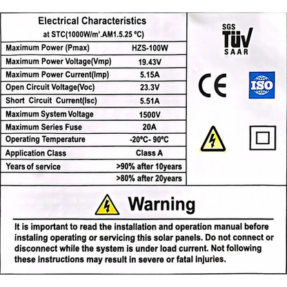 Electrical characteristics label for solar panels with SGS TÜlé and ISO logos.