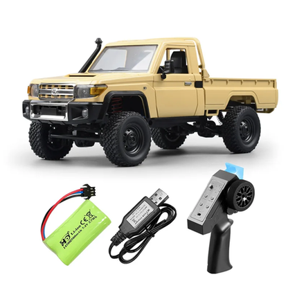 1:12 RC Land Cruiser rock crawler with 4WD, rugged suspension, and rechargeable battery—ideal for off-road fun and outdoor terrain adventures.