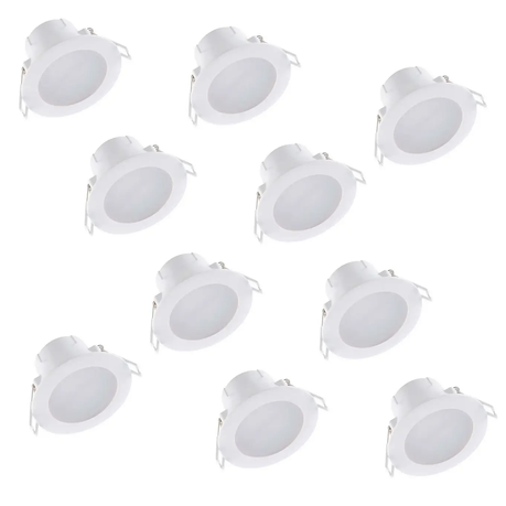 Energy-efficient 7W recessed LED downlights in cool white, ideal for modern indoor spaces. Pack of 10 with long lifespan and sleek concealed design.