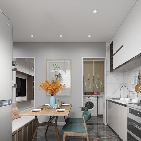 Modern kitchen and dining area with white cabinets, gray walls, and a small table with chairs.