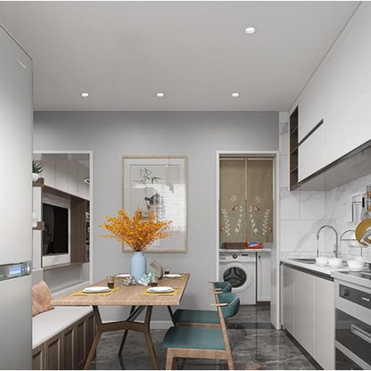 Modern kitchen and dining area with white cabinets, gray walls, and a small table with chairs.