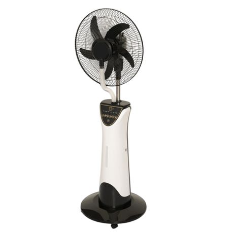 Portable rechargeable mist fan with LED light and remote. Ideal for load-shedding, camping, or office use. Efficient cooling and adjustable speeds.