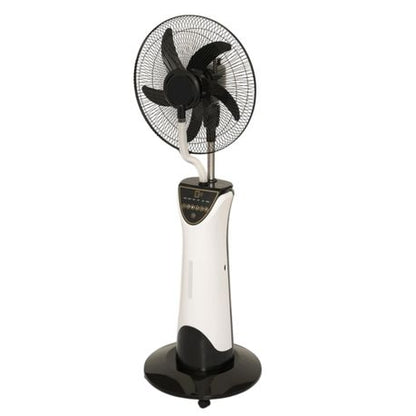 Portable rechargeable mist fan with LED light and remote. Ideal for load-shedding, camping, or office use. Efficient cooling and adjustable speeds.