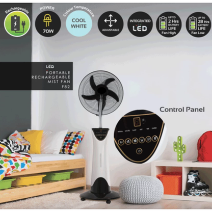 Portable rechargeable mist fan with LED light and remote. Ideal for load-shedding, camping, or office use. Efficient cooling and adjustable speeds.