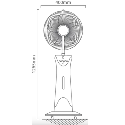 Portable rechargeable mist fan with LED light and remote. Ideal for load-shedding, camping, or office use. Efficient cooling and adjustable speeds.