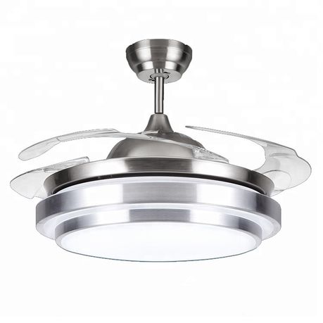 Modern ceiling fan with LED light, retractable blades, remote control, quiet DC motor, and energy-efficient design for stylish indoor cooling and lighting.