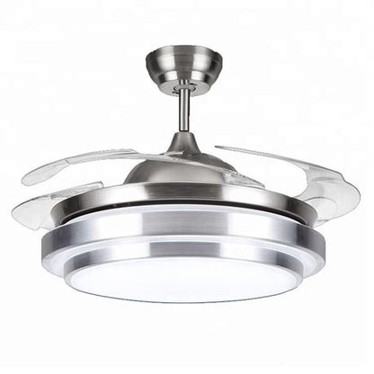 Modern ceiling fan with LED light, retractable blades, remote control, quiet DC motor, and energy-efficient design for stylish indoor cooling and lighting.