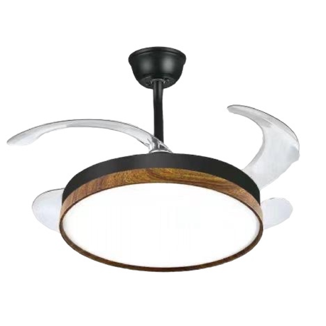 Retractable ceiling fan with LED light, remote control and quiet motor. Stylish black/walnut design, ideal for energy-efficient indoor cooling and lighting.