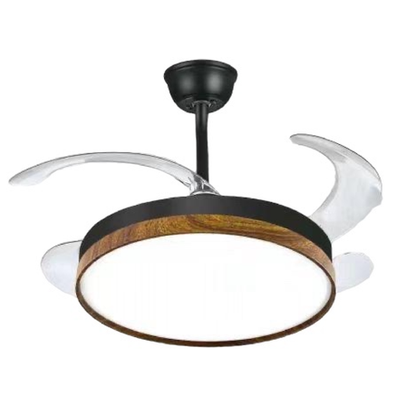 Retractable ceiling fan with LED light, remote control and quiet motor. Stylish black/walnut design, ideal for energy-efficient indoor cooling and lighting.