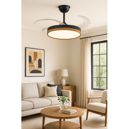 Retractable ceiling fan with LED light, remote control and quiet motor. Stylish black/walnut design, ideal for energy-efficient indoor cooling and lighting.