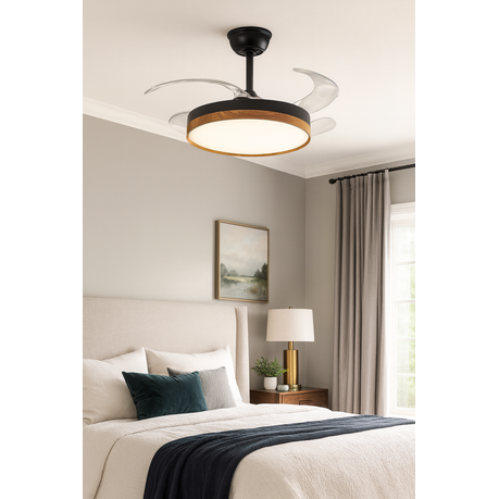 Retractable ceiling fan with LED light, remote control and quiet motor. Stylish black/walnut design, ideal for energy-efficient indoor cooling and lighting.