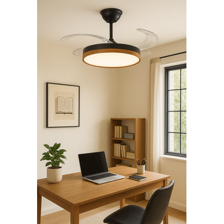 Ceiling fan in a room with a desk, laptop, and books.