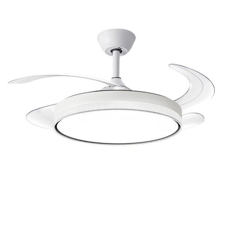 Modern white retractable ceiling fan with quiet motor, energy-saving LED light, remote control, and sleek design—ideal for stylish indoor spaces.