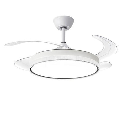 Modern white retractable ceiling fan with quiet motor, energy-saving LED light, remote control, and sleek design—ideal for stylish indoor spaces.