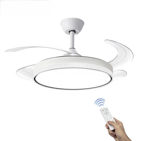 Modern white retractable ceiling fan with quiet motor, energy-saving LED light, remote control, and sleek design—ideal for stylish indoor spaces.