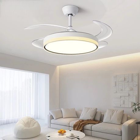 Modern white retractable ceiling fan with quiet motor, energy-saving LED light, remote control, and sleek design—ideal for stylish indoor spaces.