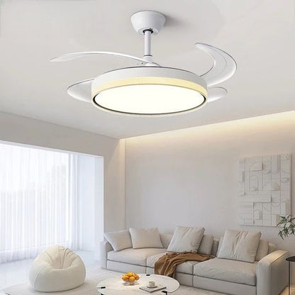 Modern white retractable ceiling fan with quiet motor, energy-saving LED light, remote control, and sleek design—ideal for stylish indoor spaces.
