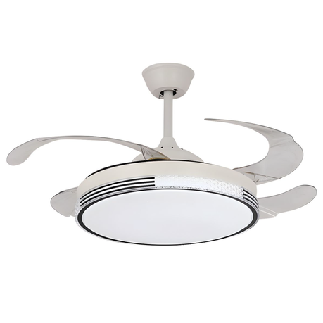 Retractable LED ceiling fan with remote, sleek design, 36W light, 3 speeds, reversible motor, ideal for modern low-ceiling indoor spaces.