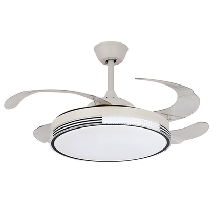 Retractable LED ceiling fan with remote, sleek design, 36W light, 3 speeds, reversible motor, ideal for modern low-ceiling indoor spaces.